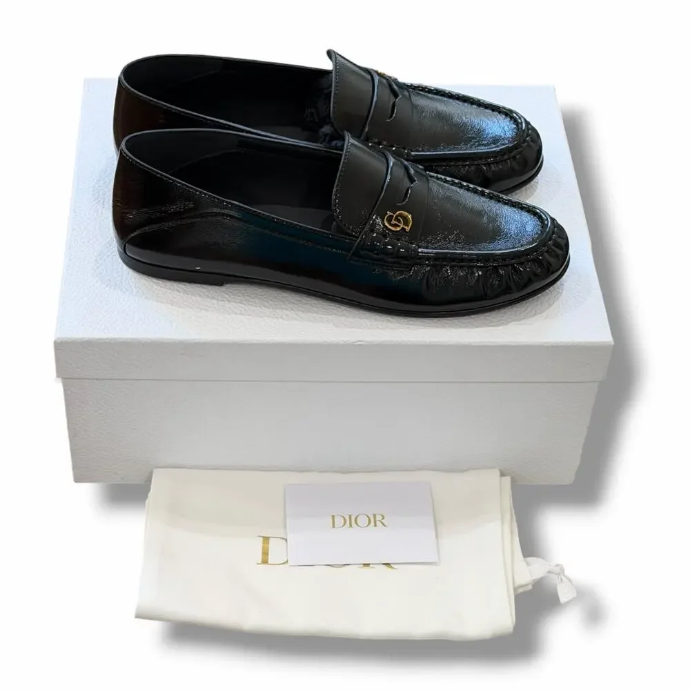 Christian Dior Women’s Black Patent Leather Loafers Dior Time Size US9.5 EU40